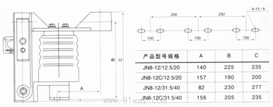 JN8-12(C)戶內交流高壓接地開關外形及安裝尺寸